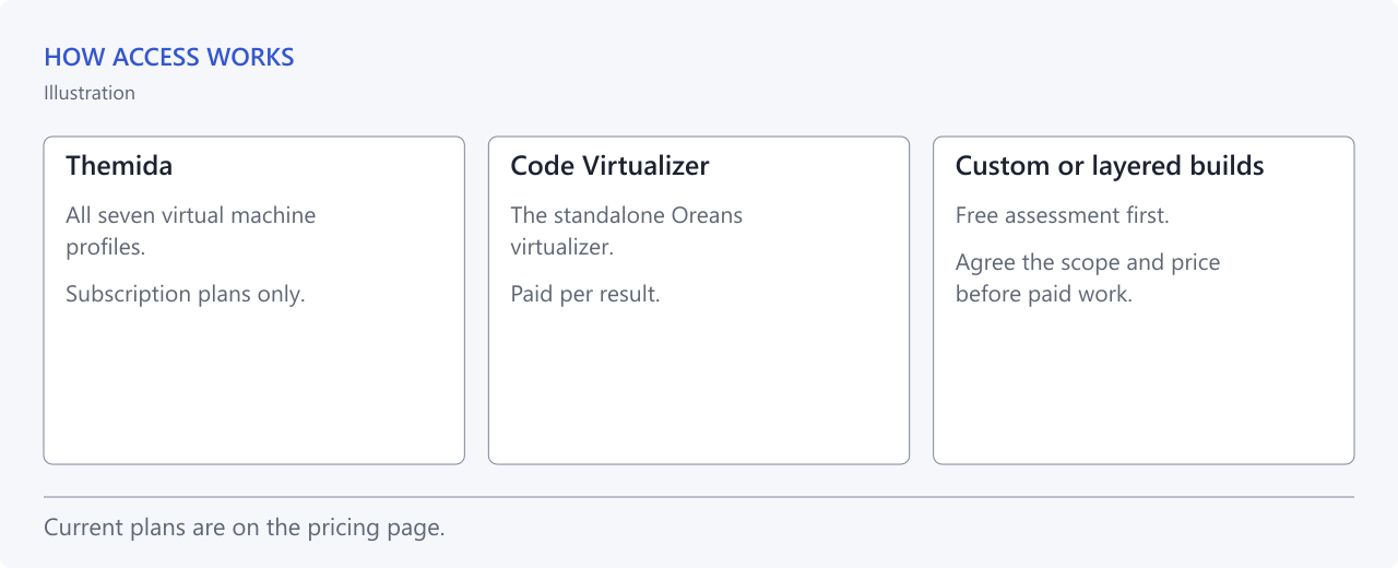 Access model: Themida on subscription plans only, Code Virtualizer per result, and a free assessment first for custom behavior or several protection layers.